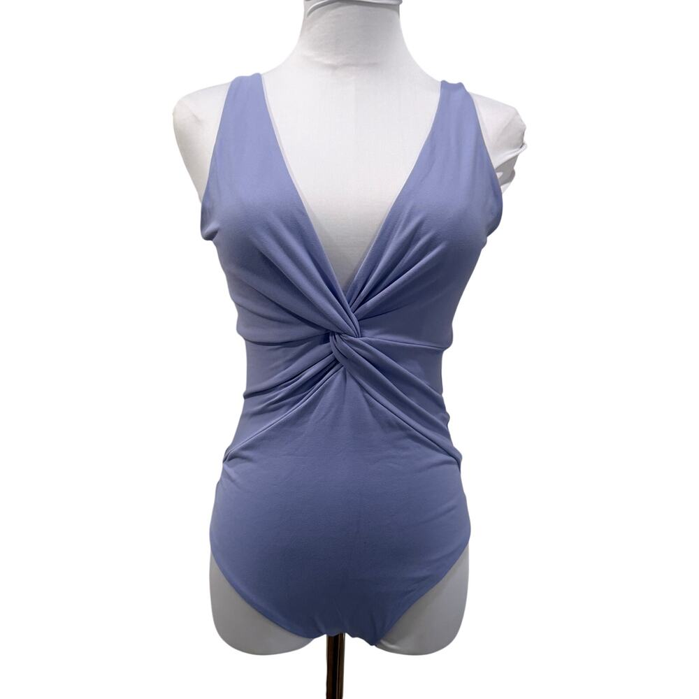 Susana Monaco Pastel Blue Twist Front Bodysuit Deep V Y2K Small NWT Sexy Spring